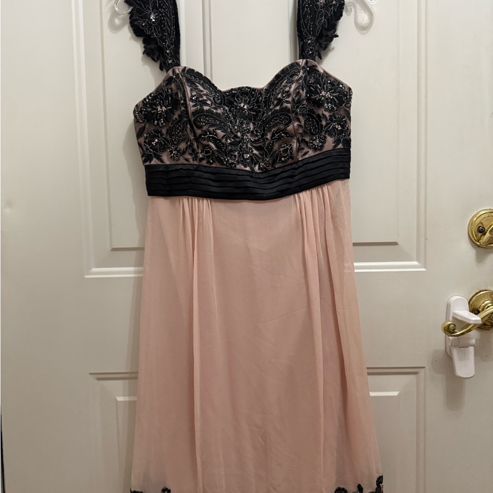 Sue Wong Black and Pink Lace Mini Dress